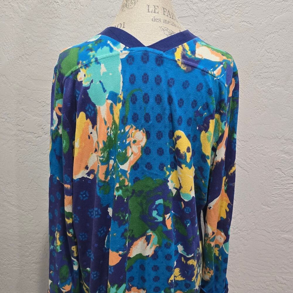 Isaac Mizrahi Live! Blue & Green Abstract Floral Print Wrap Cardigan Sweater - Picture 3 of 6